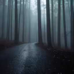 a road going through a foggy forest on a foggy day