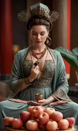 a woman in a green gown holding her hands together with fruit stacked on a tray