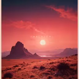 the sky is red and a large rock formation in the distance,a red and pink sunset shows mountains and hills