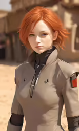 a woman with red hair standing in the desert