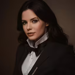 a beautiful young woman wearing a black suit and white shirt