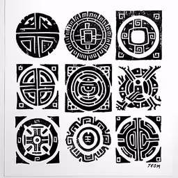 a large black and white print of six circles,a white sheet of paper with various black and white designs on it