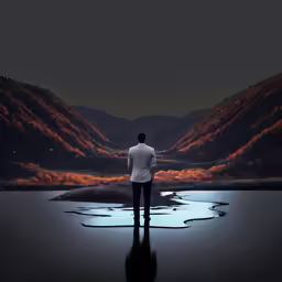 a man standing in the water looking into a dark sky