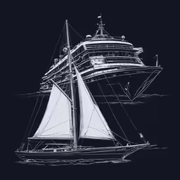 a boat with sails in the ocean and a black background