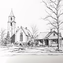 drawing a house with a clock tower in the distance