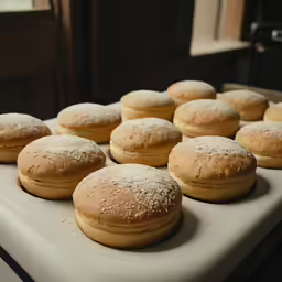 doughnuts sit on a counter with powdered sugar on them