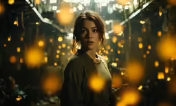 a woman stands in a room full of lights