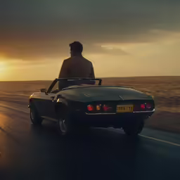 a man riding in the back of an old corvette