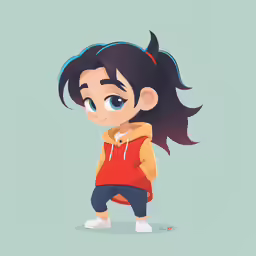 a girl with a ponytail in an orange jacket