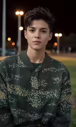 the young boy in the green shirt looks off to the side