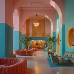 the lobby in an old building with bright colors