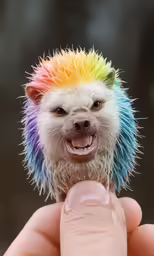 a person holding out their finger to a hedge with a rainbow hair