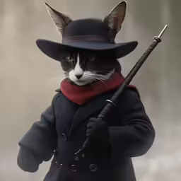 a cat wearing a hat and coat holding a cane