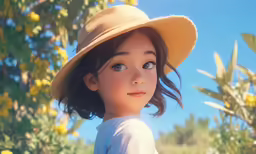 a close - up of the character in an animated style hat standing in front of flowers