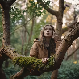 a woman is sitting on a tree talking on her cell phone