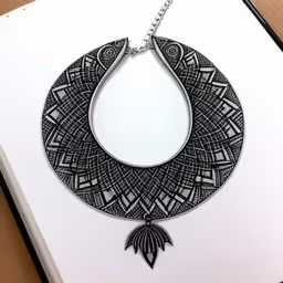 an open book on a table showing an ornately patterned silver plate necklace,a black and white illustration of a necklace with an intricate motif