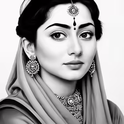 a woman with a veil, a headpiece, and earrings