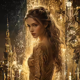 a woman standing in front of a building with a golden light shining on it