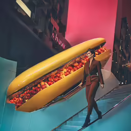 a model is holding a hot dog and wearing tight heels