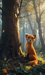 an image of a little fox sitting by a tree
