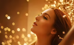 a woman is looking into the air near many lights