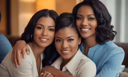 three women are posing together on the couch