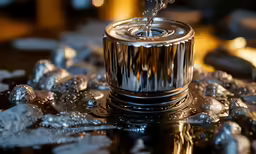 a close up of a shiny metal item with water running off of it