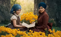two girls dressed in renaissance clothes and turbans are sitting in the wild with yellow flowers
