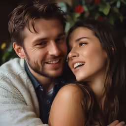 a smiling couple cuddles close to each other