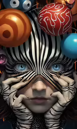 a woman with many balloons above her head