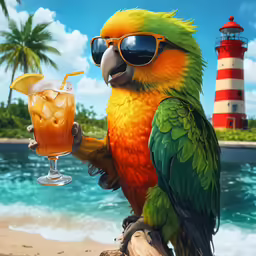a colorful parrot is holding up a drink while wearing sunglasses