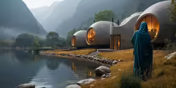 two circular shaped buildings on a grassy hill by a river