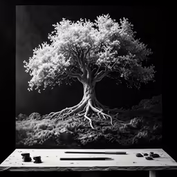 a black and white painting of a tree