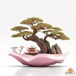 a bonsai tree in an old pink bowl