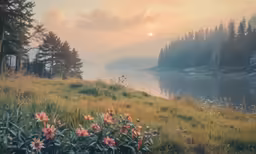 a small lake that is in the middle of some grass
