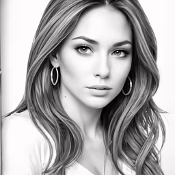 a black and white photo of a woman wearing hoop earrings
