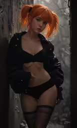 a very beautiful redhead woman in lingerie posing in the woods