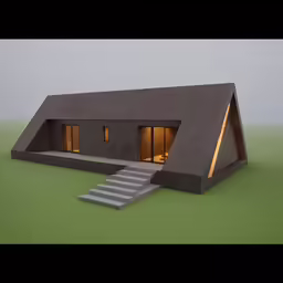 a house built out of concrete sitting on a green surface