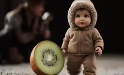 a baby boy in an outfit walking next to an kiwi