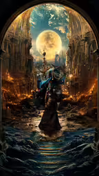 a woman in a long dress is standing on water, with a large cityscape behind her,the woman is walking through the dark waters