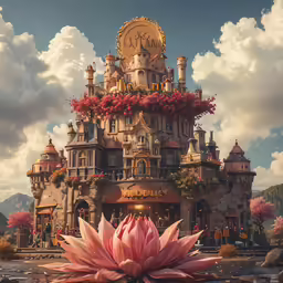 the flower is sitting on the floor in front of a large building