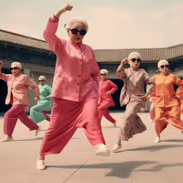 a group of elderly women dancing and wearing pink outfits,a group of women in oriental outfits dancing and dancing