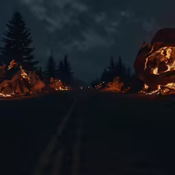 the night is dark and it has flames burning on the ground