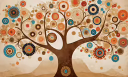a painting of a tree with many colored circles on it
