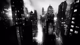a black and white photo of city lights