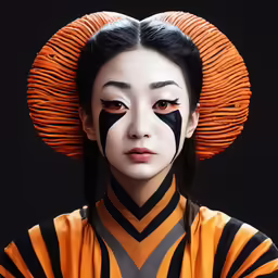 a girl with the painted face and body has black stripes on it