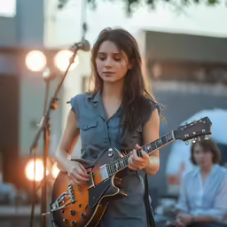 the woman is playing a guitar at an outdoor concert