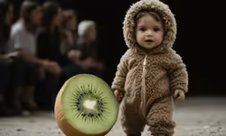 a little girl is walking next to a kiwi