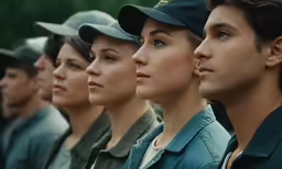 a group of uniformed men and women sitting next to each other
