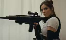 a woman is holding a gun with her right arm